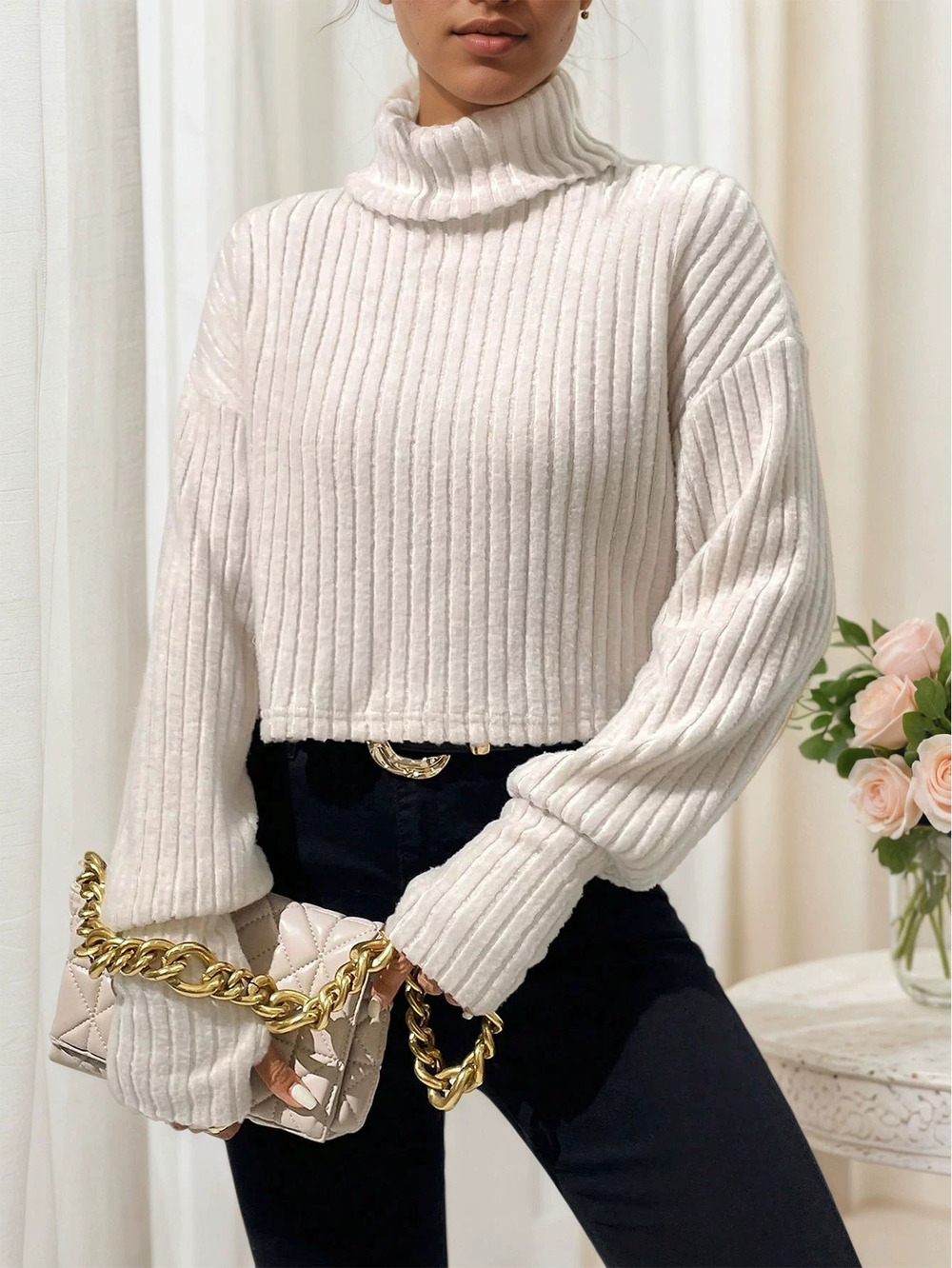 ZARA Spring Summer Solid Ribbed Knit Short Turtleneck Top